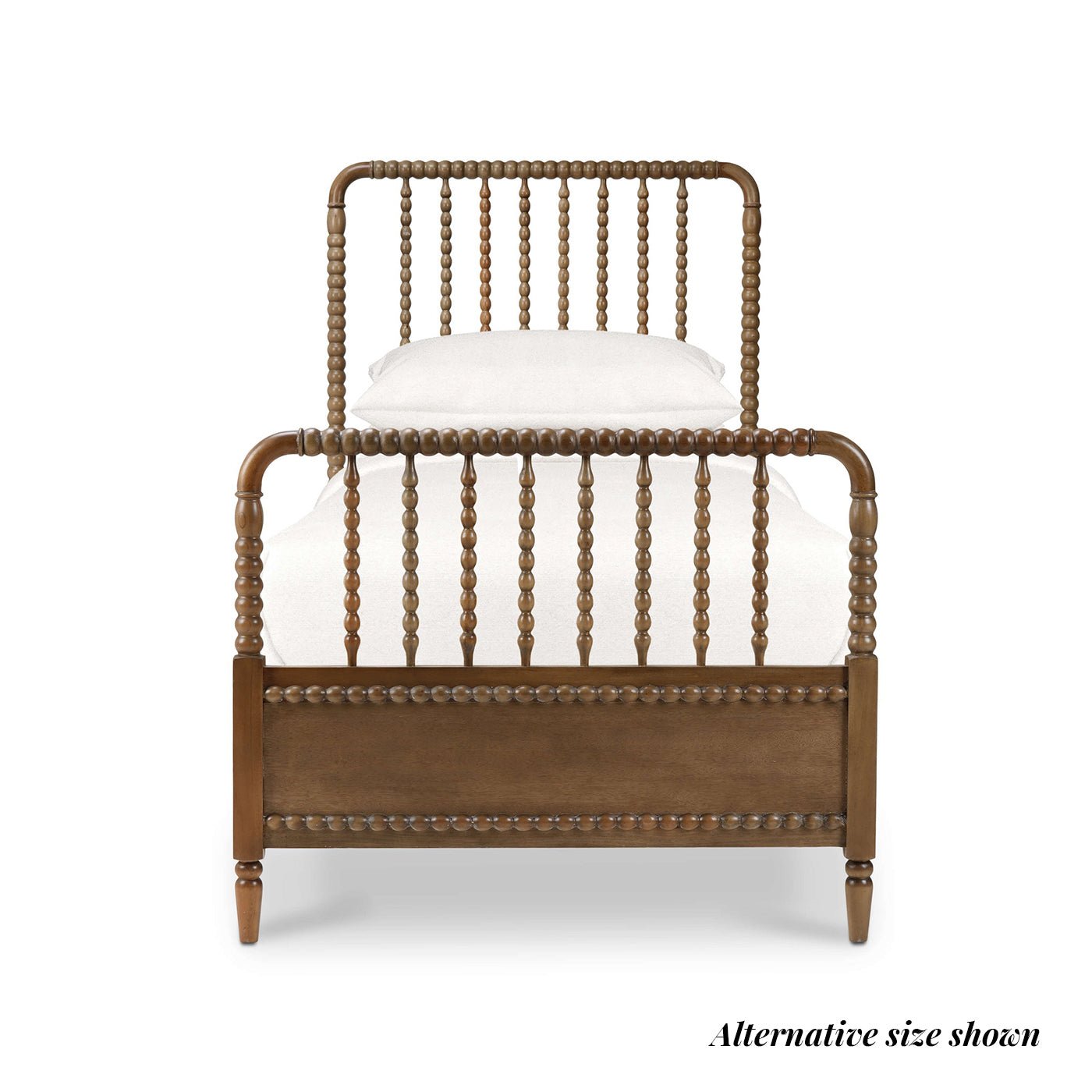 Brown alternative spindle bed frame front view.