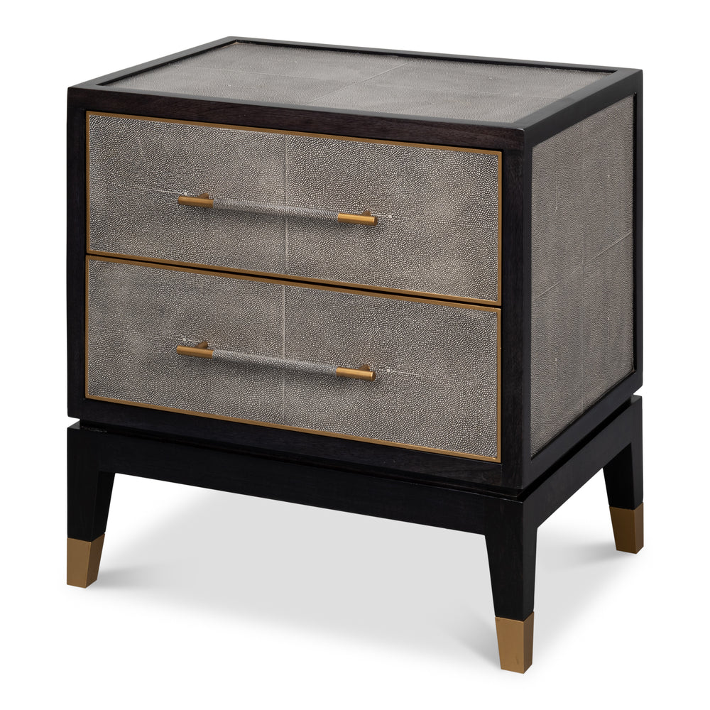 Two-drawer nightstand wrapped in antique gray leather with custom hardware