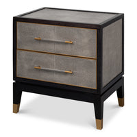 Two-drawer nightstand wrapped in antique gray leather with custom hardware
