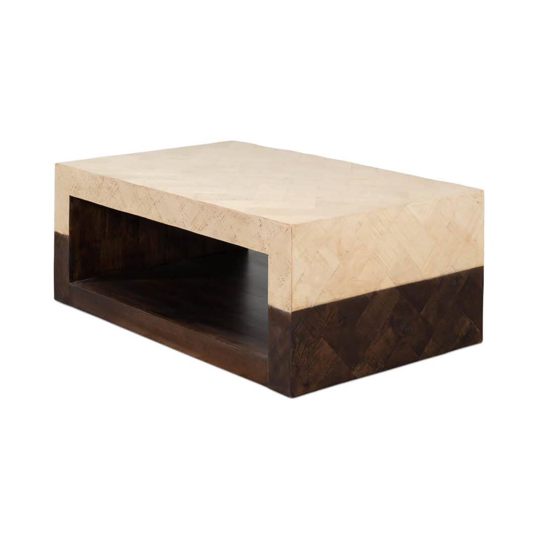 Side perspective of geometric coffee table construction.