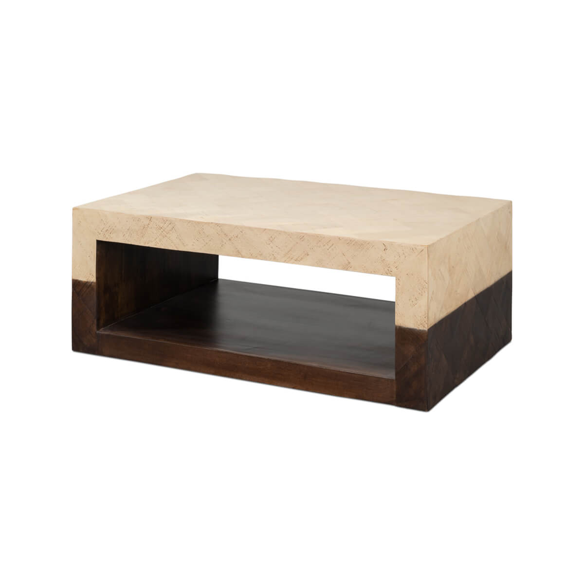 Top view of two-tone geometric coffee table design.