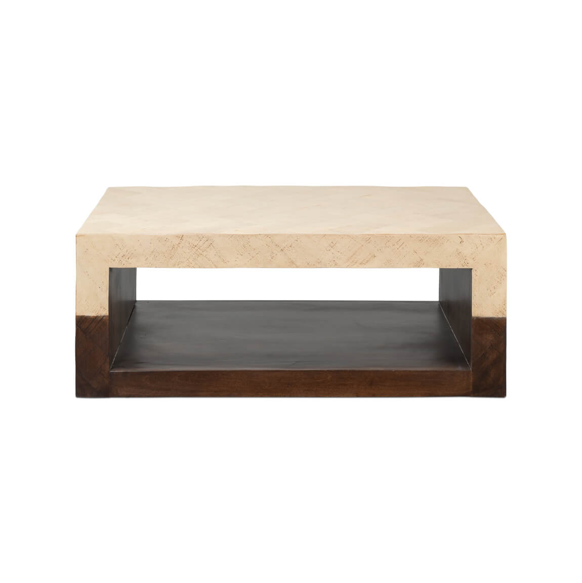 Front view of two-tone geometric coffee table.