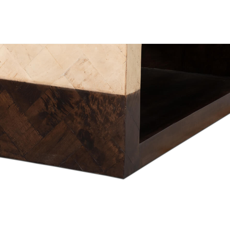 Corner view highlighting two-tone coffee table texture.