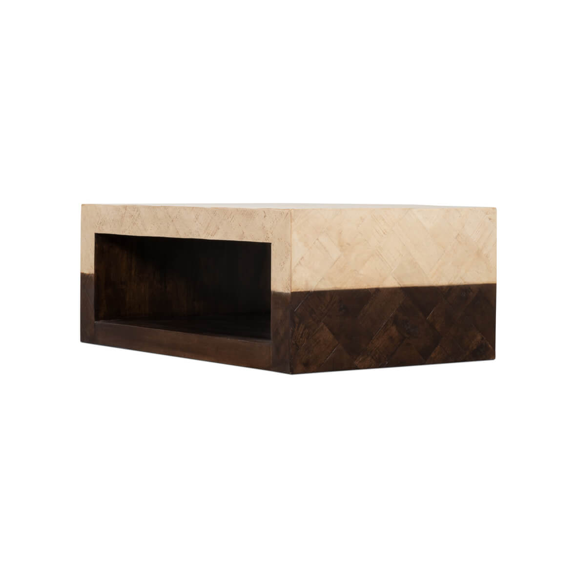 Diagonal side view of two-tone table.