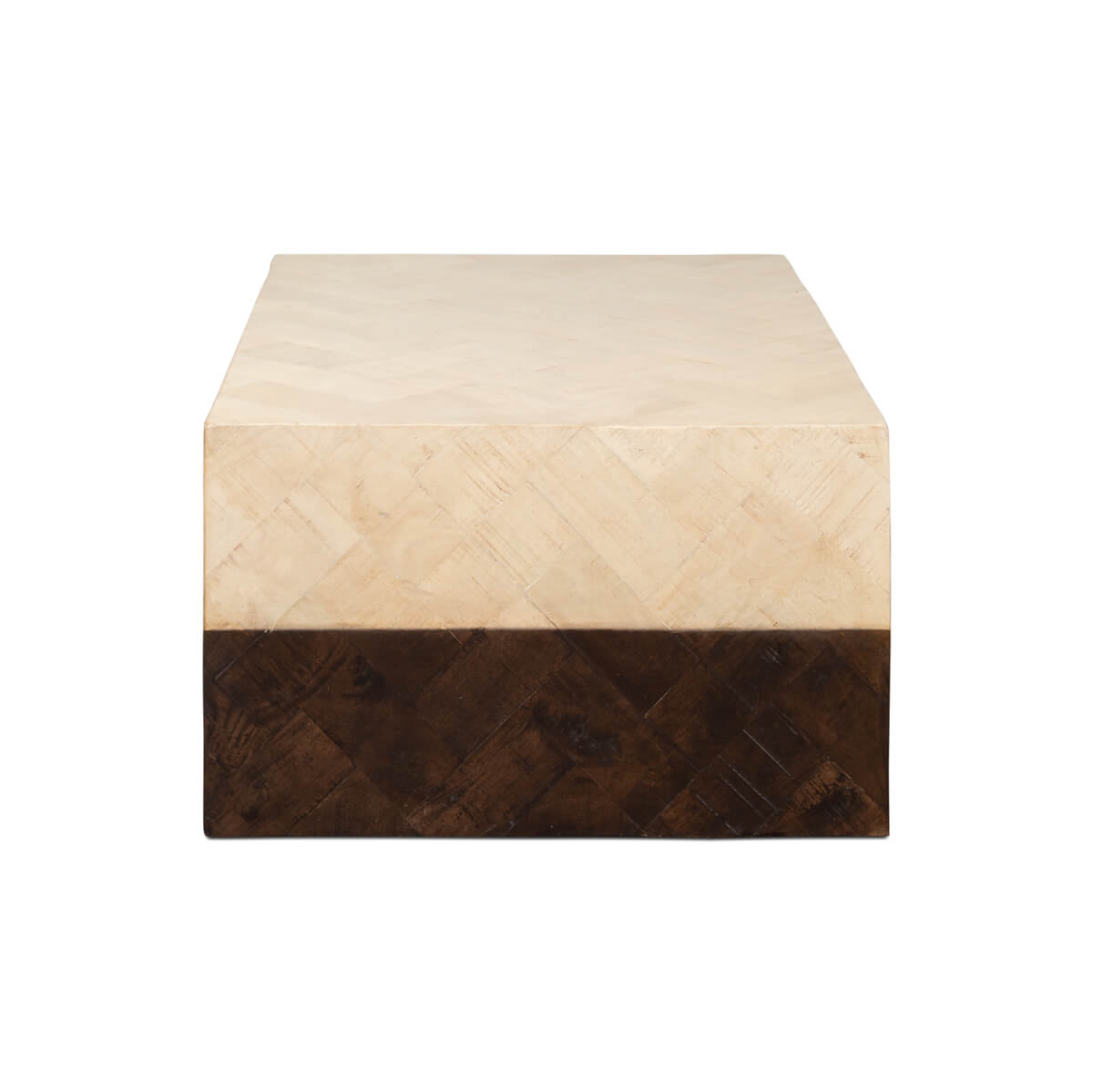 Narrow side view of geometric coffee table.