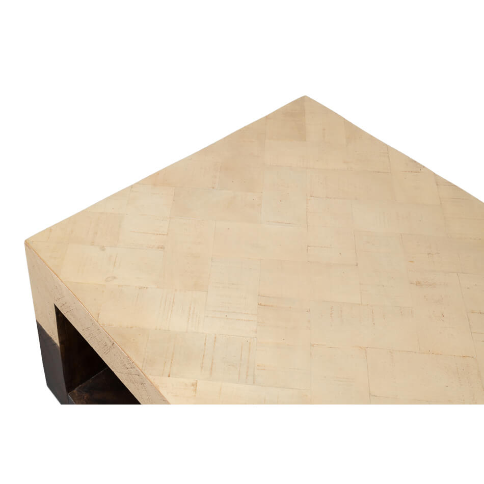 Close-up detail of geometric table surface.