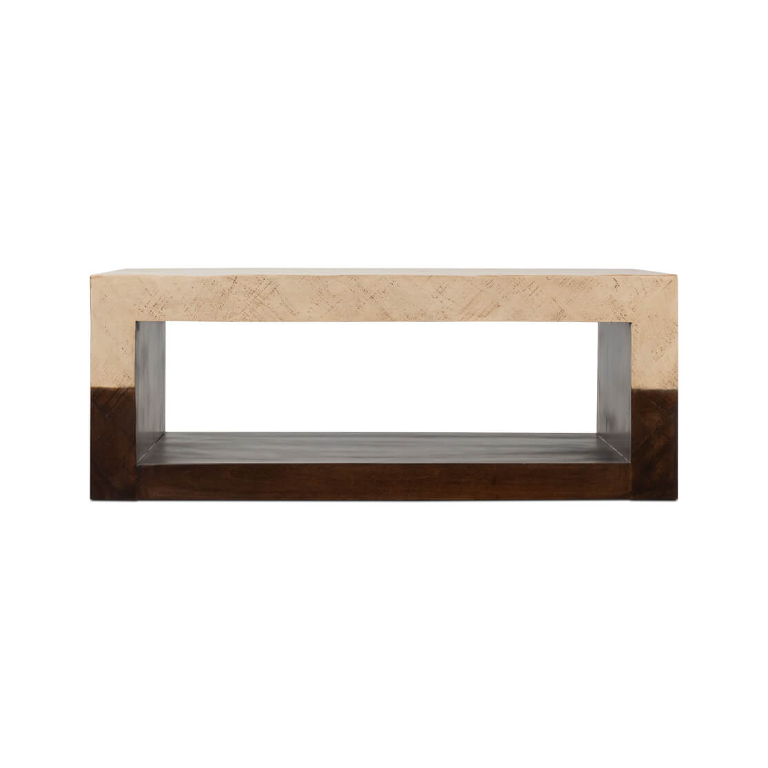 Straight front view of geometric coffee table.