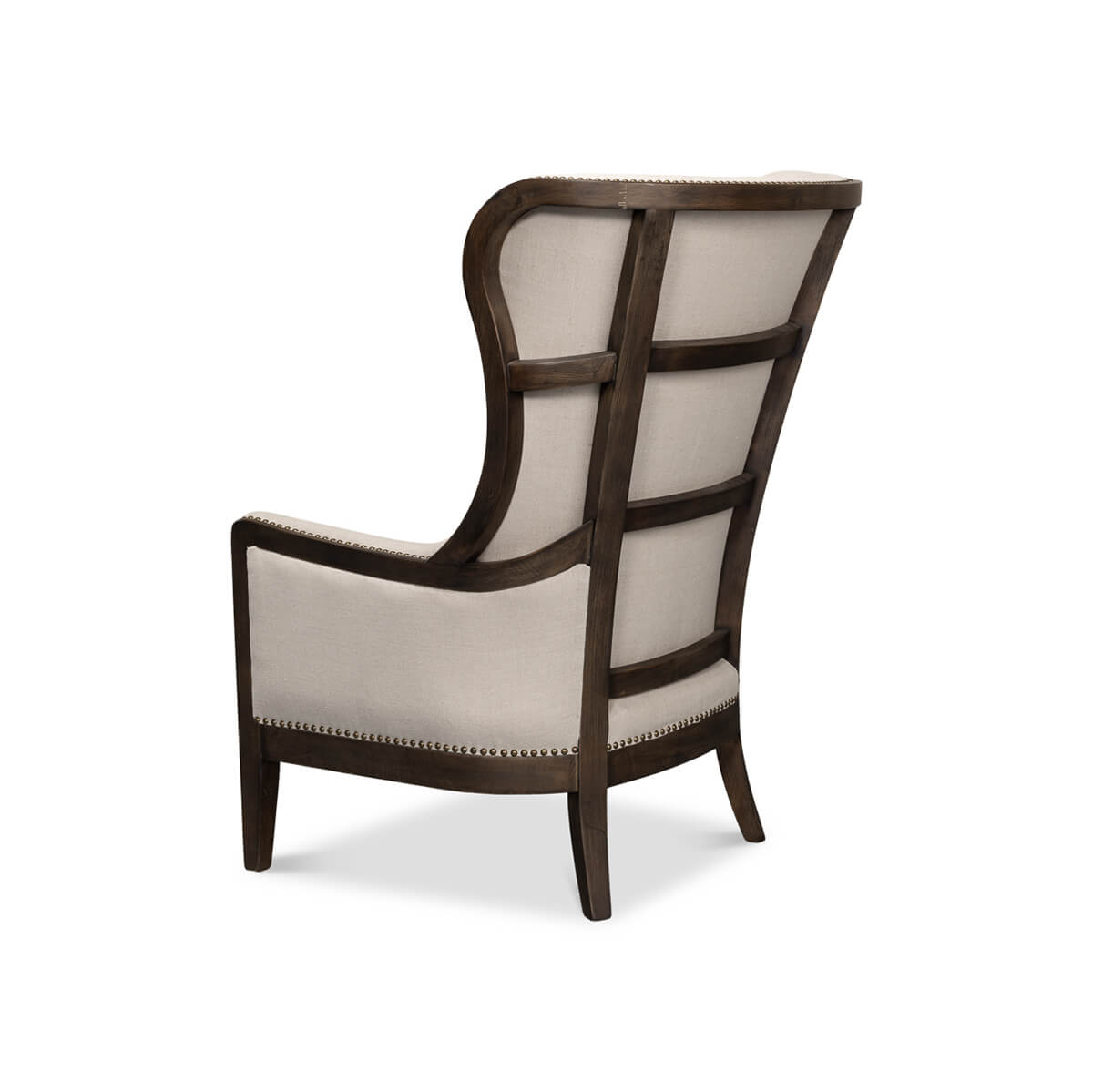 Angled back view of modern wingchair accent chair.