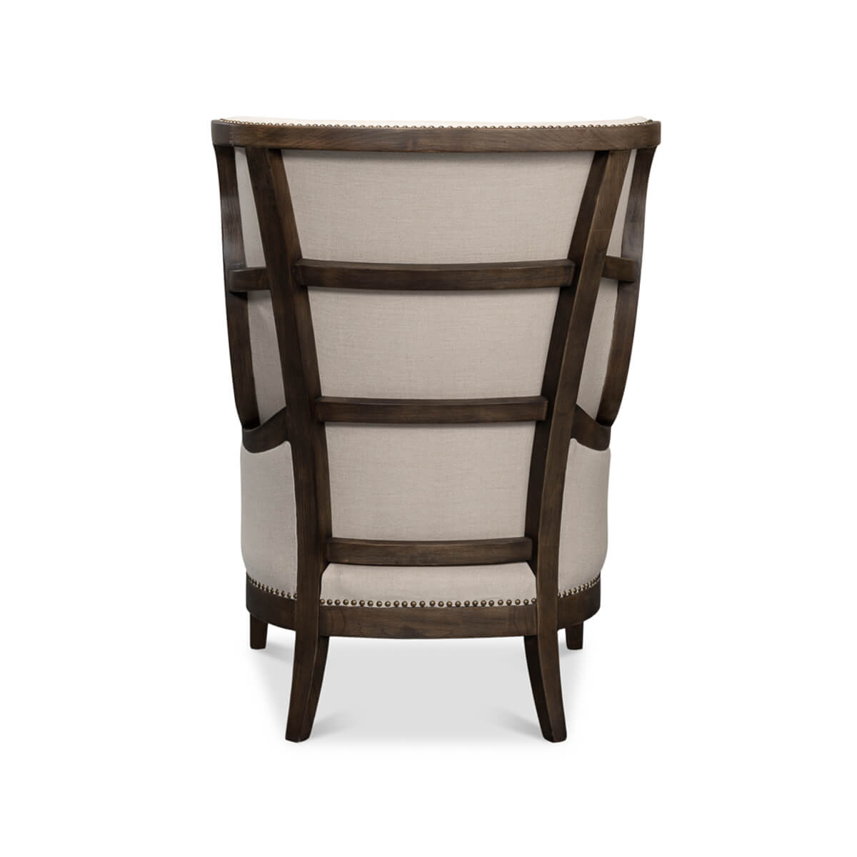 Back view of modern wingchair with wooden frame.
