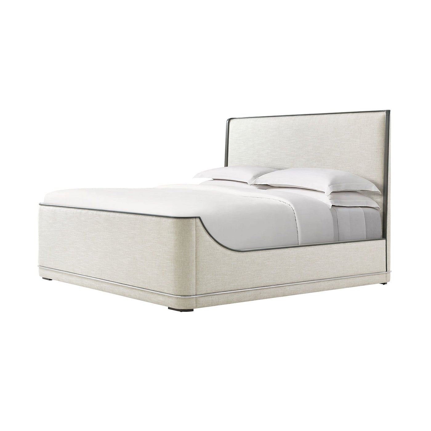 Upholstered Art Deco bed angled view with white bedding.