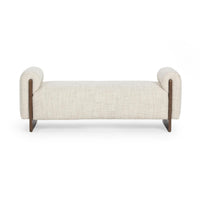 Sand upholstered bench with pale seat and exposed ash end supports