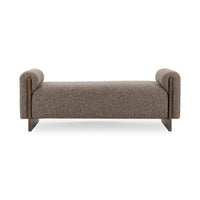 Front view of the Bronzed Cocoa upholstered bench with a long cushion and rounded arms