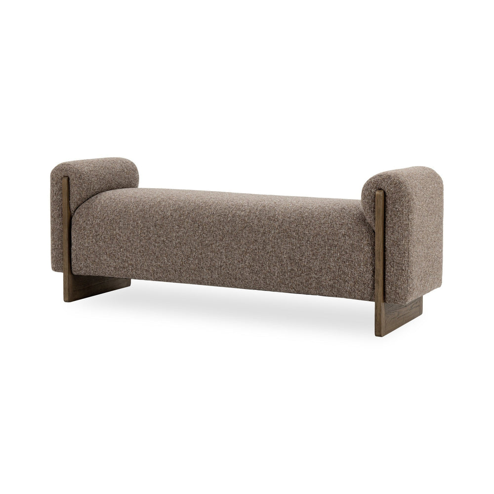 Angled view of the Bronzed Cocoa upholstered bench with rounded arms and exposed ash end supports