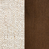 Close-up of the Sand bench’s pale woven upholstery beside dark ash wood grain