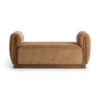 Front view of the Spiced Amber bench showing rounded upholstered arms and a low parawood base