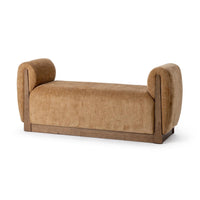 Angled view of the Spiced Amber upholstered bench with curved padded arms and exposed parawood frame
