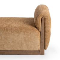 Close-up of the Spiced Amber bench showing the rounded padded arm, textured upholstery and parawood support