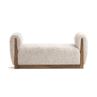 Front view of the Wheatfield upholstered bench showing curved end arms and a low brown wood base