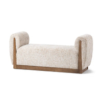Wheatfield upholstered bench at an angle, with curved padded arms and an exposed brown parawood frame
