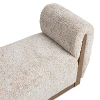 Close-up of the Wheatfield bench seat and curved padded arm beside an exposed parawood support