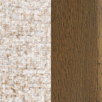 Material close-up for the Wheatfield bench: cream-and-tan textured upholstery beside brown parawood grain