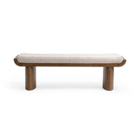 Front view of the upholstered bench showing its pale seat, curved wood frame and rounded supports