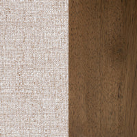 Material close-up for the curved-frame bench: pale woven upholstery beside brown parawood grain
