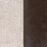 Close-up of the bench’s pale woven fabric beside brown top-grain leather