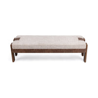 Elevated view of the upholstered bench showing its pale seat and brown bands over both ends