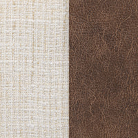 Material close-up for the wrapped-end bench: pale woven upholstery beside textured deep brown wrapping