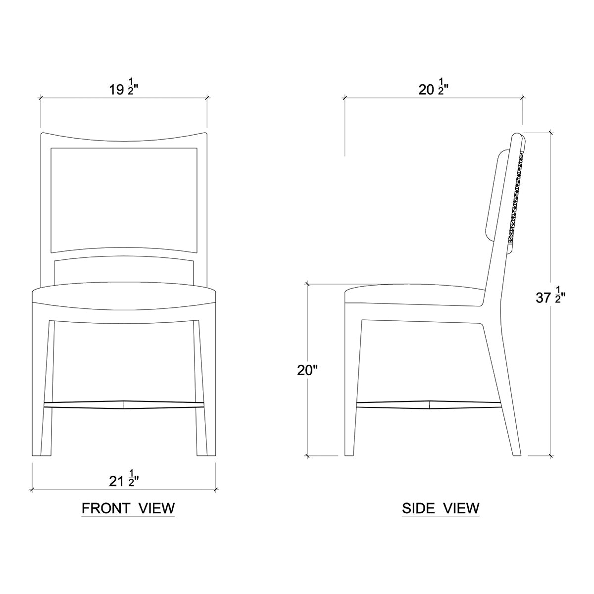 Classic dining chair dimensions, front and side illustrated views.