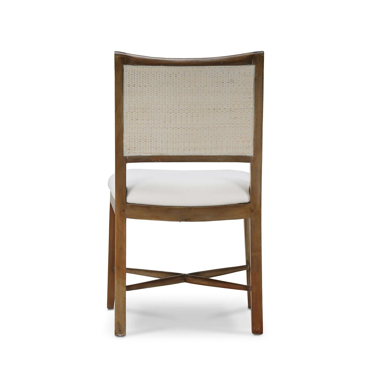 Upholstered chair, back view, showing wood and fabric details.