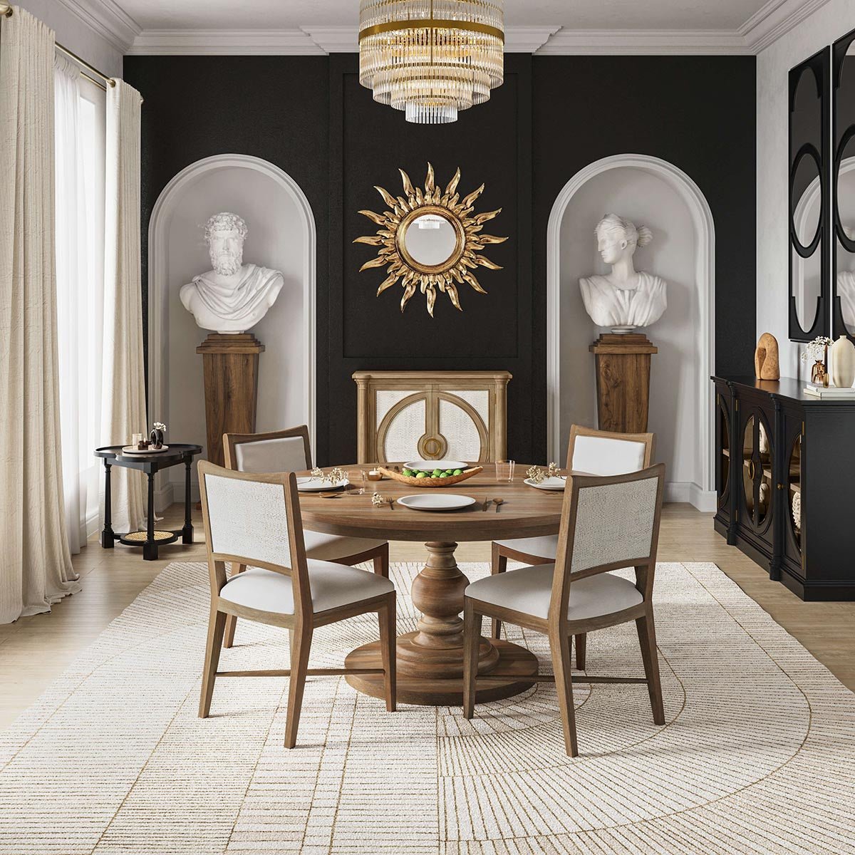 Elegant dining room with upholstered classic dining chairs and table.