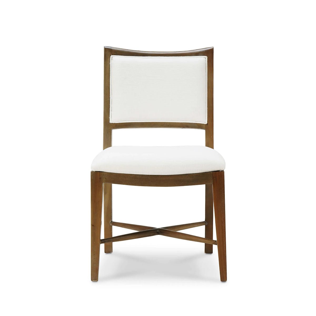 Upholstered dining chair, front view, detailed wood and fabric.