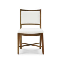 Upholstered dining chair, front view, detailed wood and fabric.