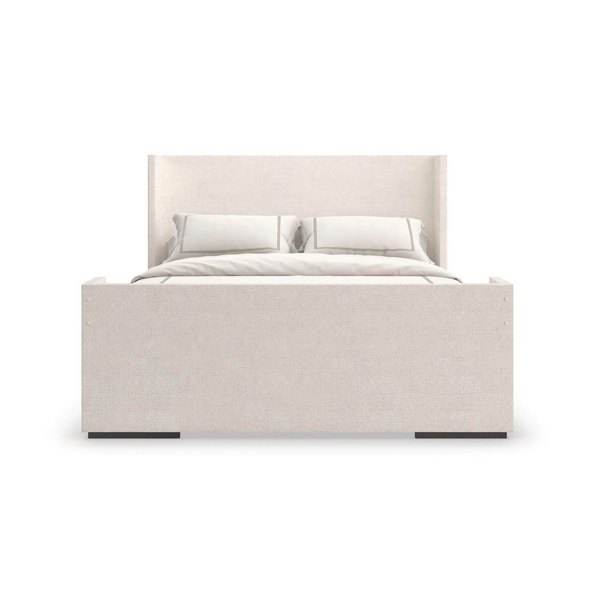 Front view of upholstered king size minimalist bed.