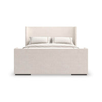 Front view of upholstered king size minimalist bed.
