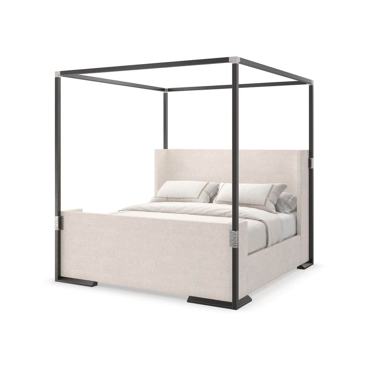 Canopy frame option for upholstered minimalist queen bed.
