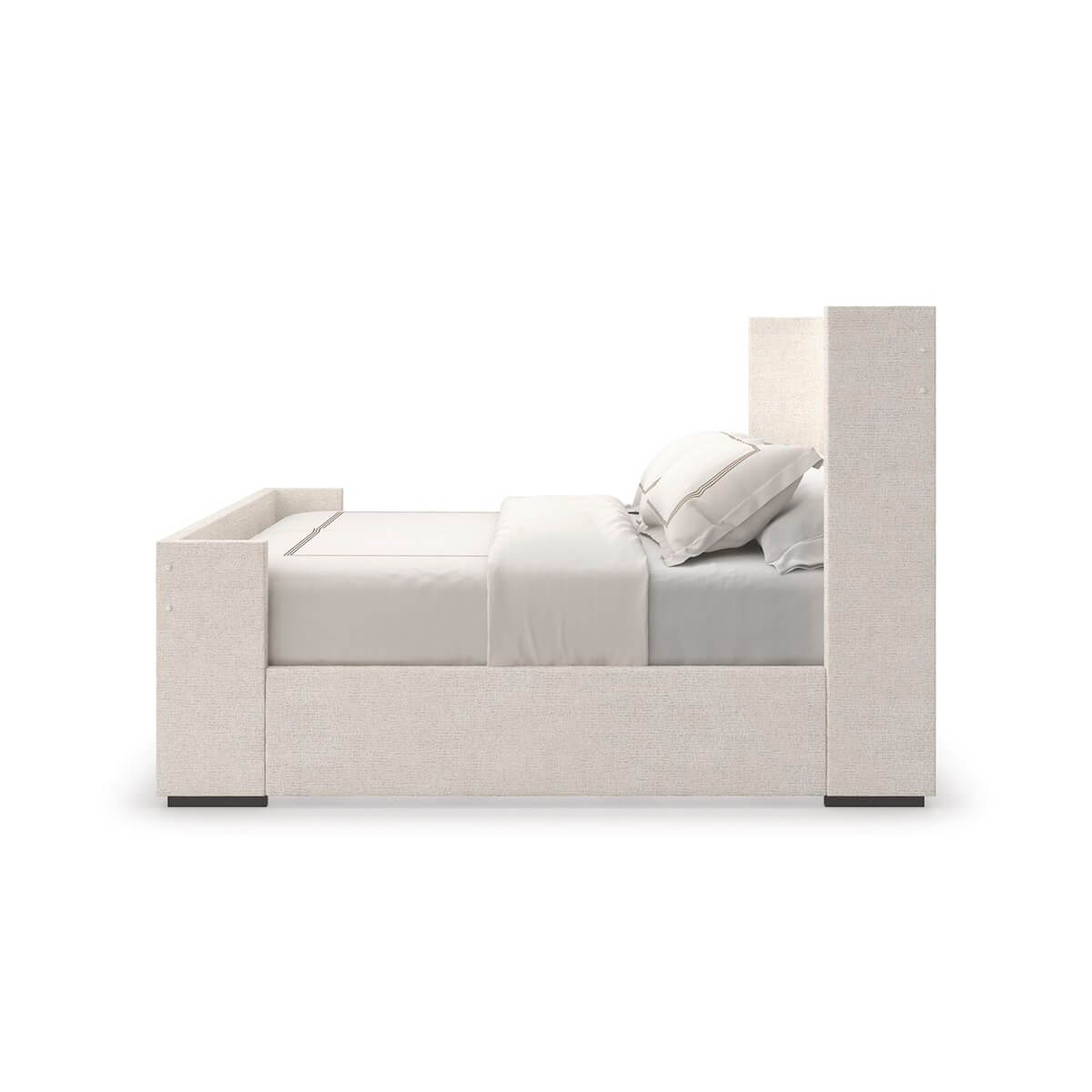 Side perspective, minimalist bed design, queen size.