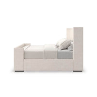 Side perspective, minimalist bed design, queen size.