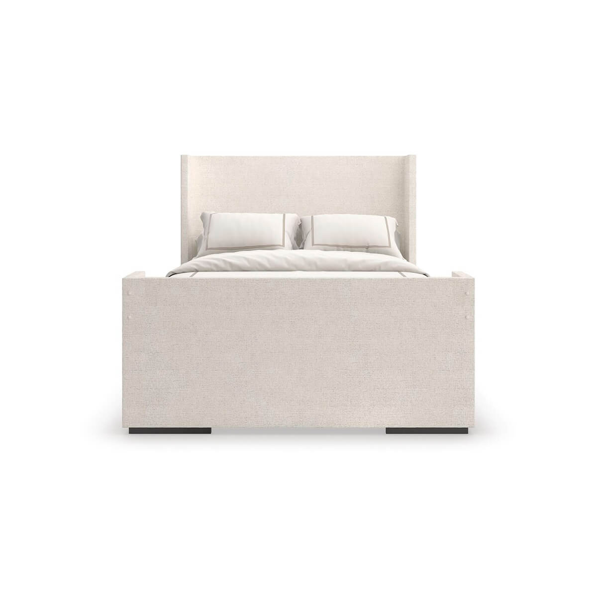 Front view of upholstered minimalist queen bed.