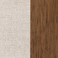 Side-by-side detail of the cream upholstery texture and brown parawood grain