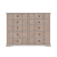 Ten-drawer maple dresser with burnished brass hardware, front view