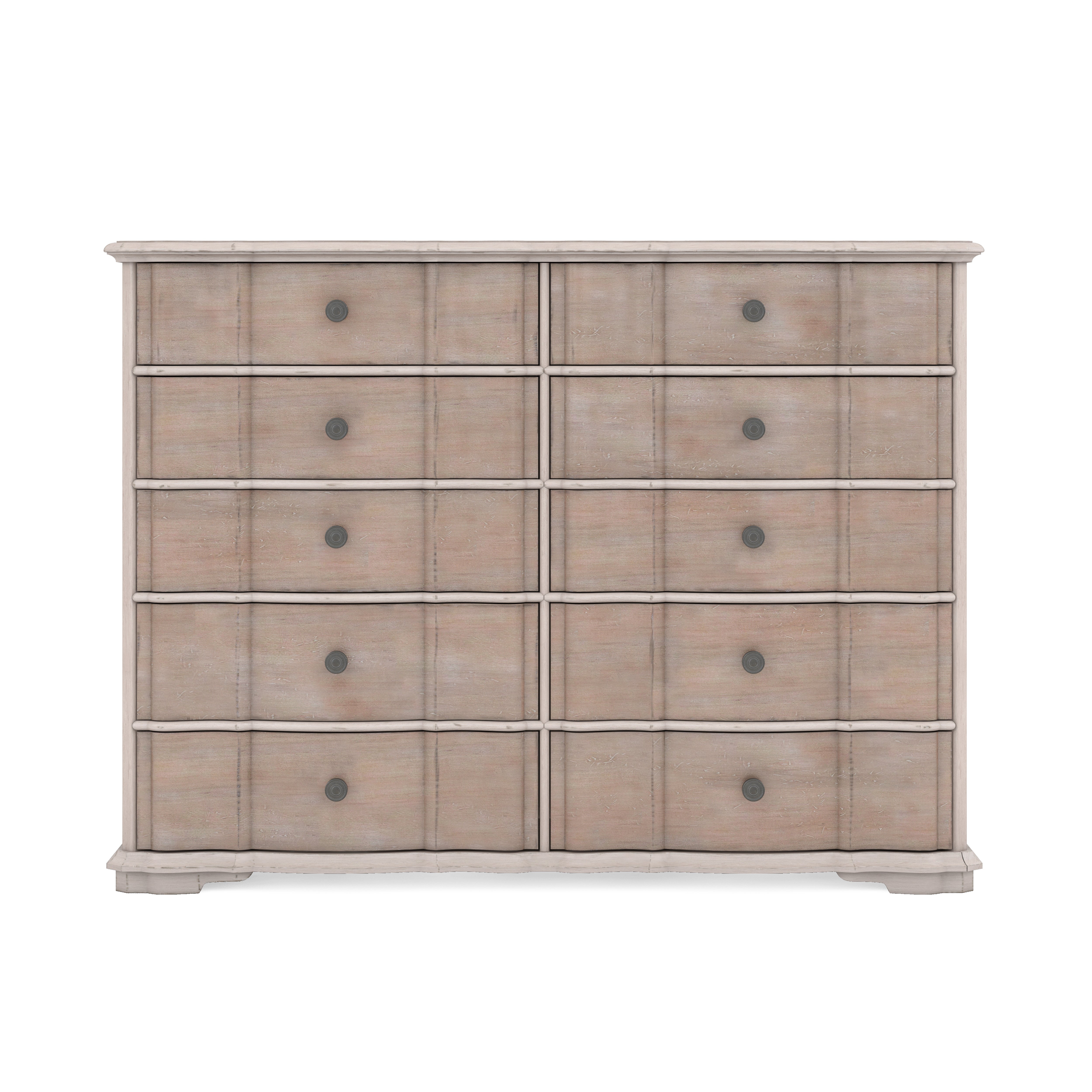 Ten-drawer maple dresser with burnished brass hardware, front view