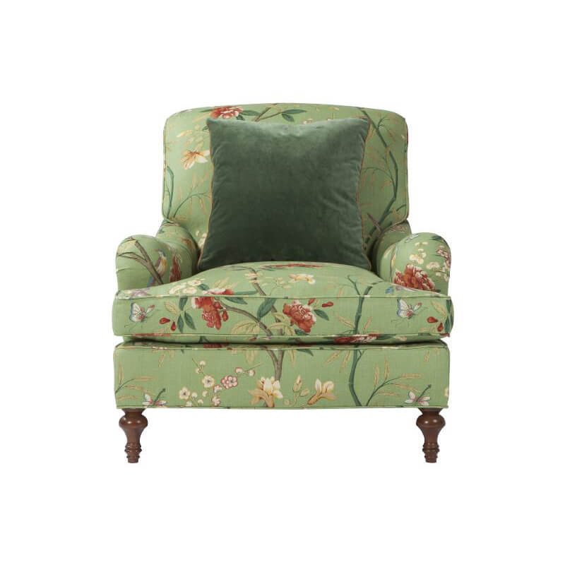 Front view of floral Victorian easy chair with cushion.