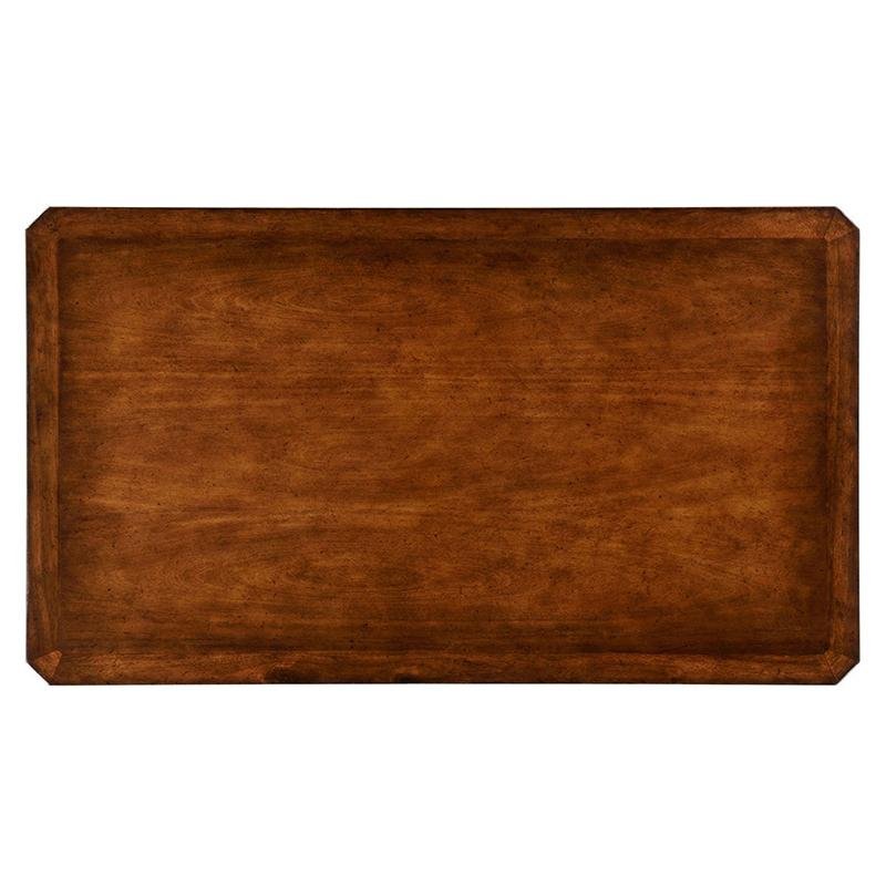 Top view of Victorian walnut coffee table surface.