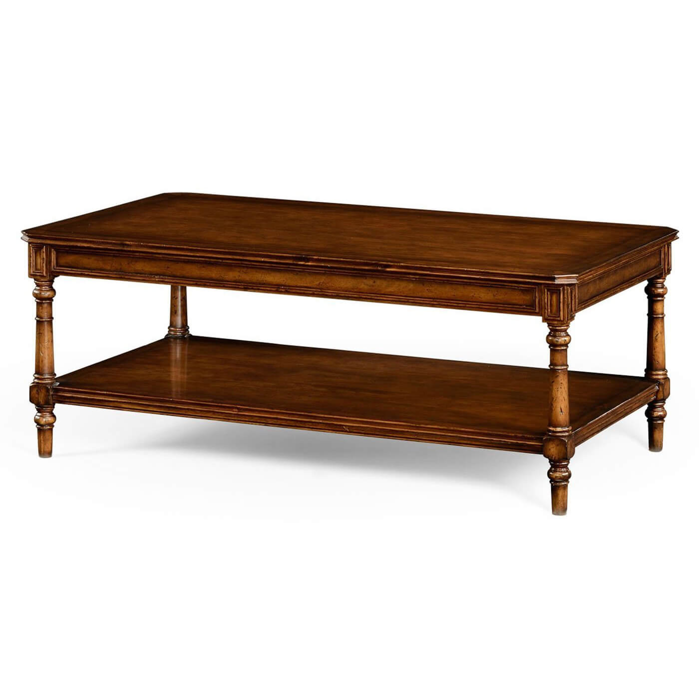 Victorian style walnut coffee table side view with shelf.