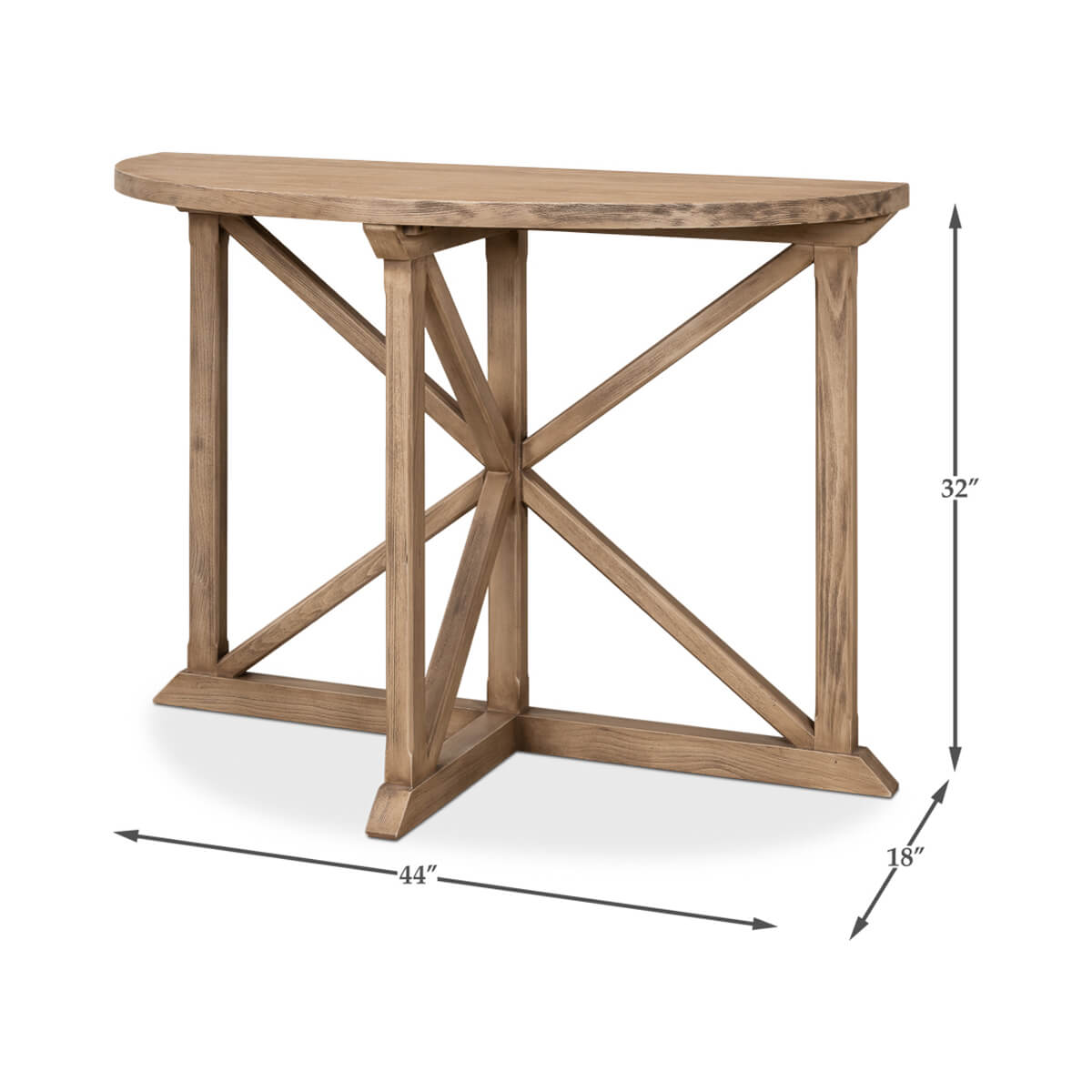 Dimensional view of wooden demilune console table.