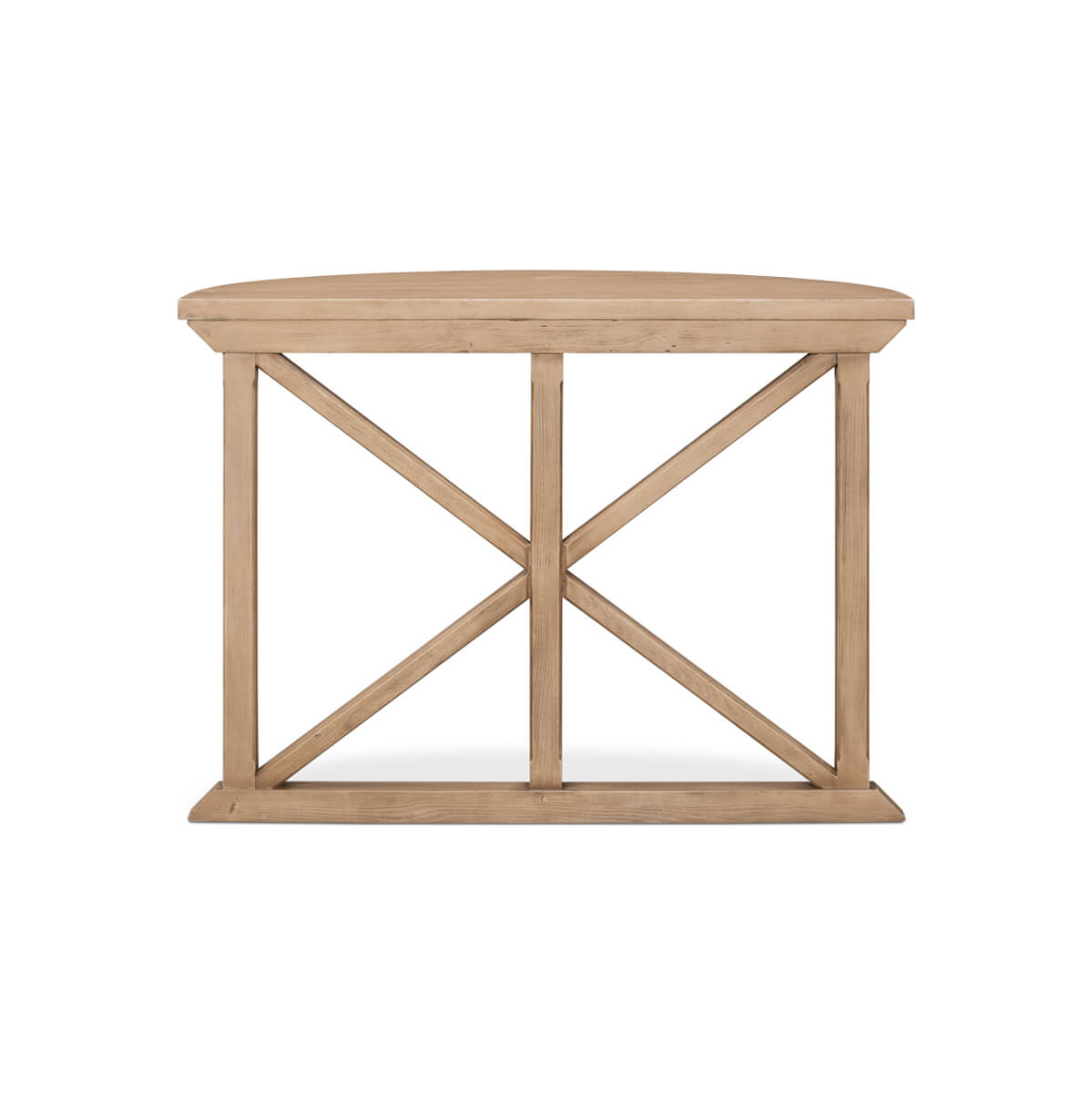 Straight back view of wood demilune console table.