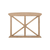 Straight back view of wood demilune console table.